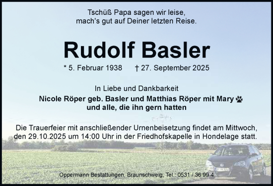 Traueranzeige von Rudolf Basler von Braunschweiger Zeitung