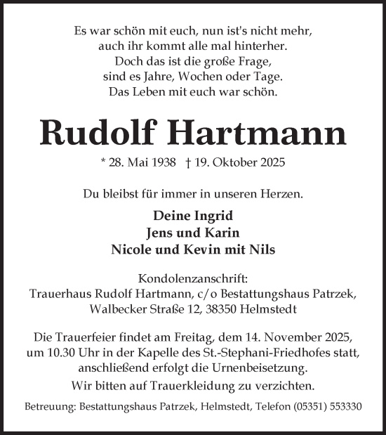 Traueranzeige von Rudolf Hartmann von Helmstedter Nachrichten