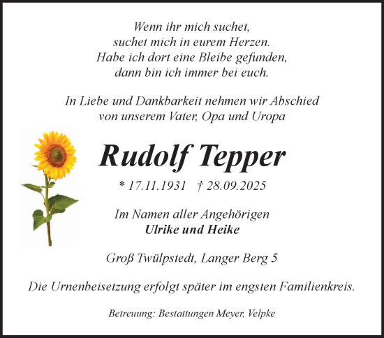 Traueranzeige von Rudolf Tepper von Helmstedter Nachrichten