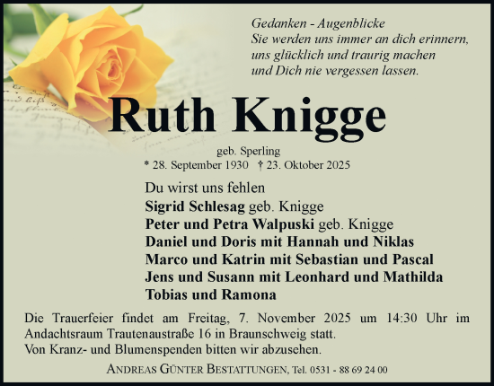 Traueranzeige von Ruth Knigge von Braunschweiger Zeitung