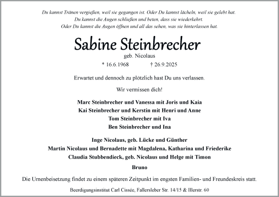 Traueranzeige von Sabine Steinbrecher von Braunschweiger Zeitung