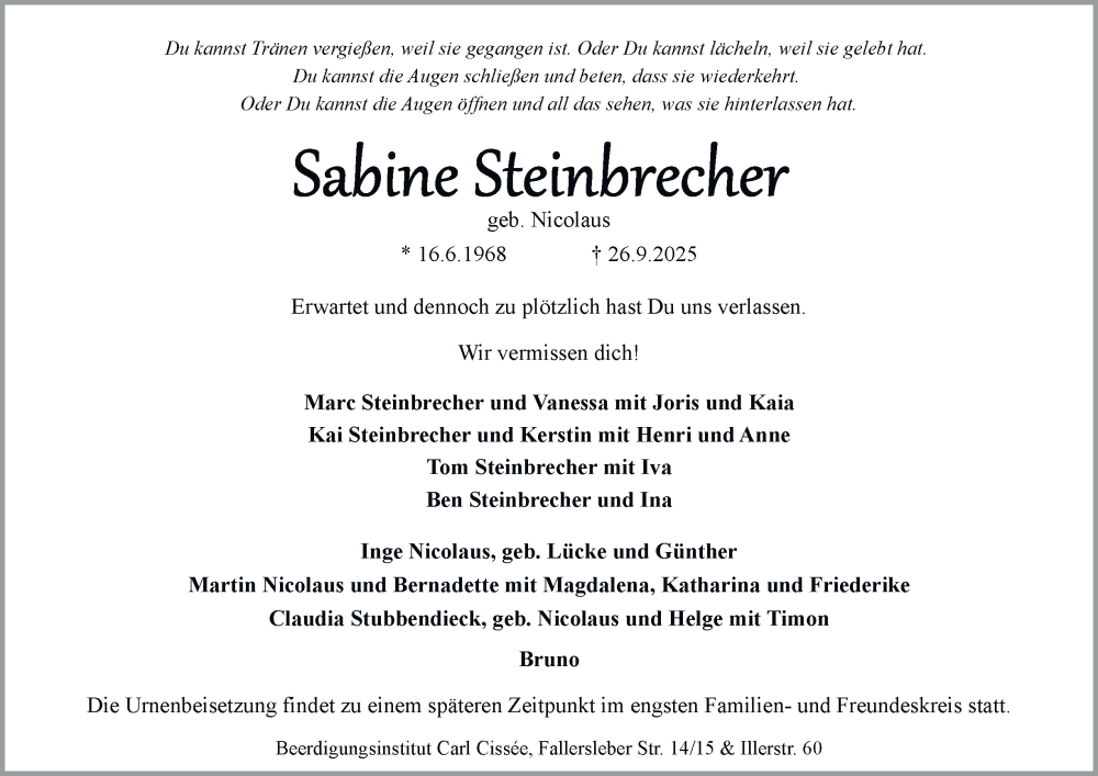  Traueranzeige für Sabine Steinbrecher vom 04.10.2025 aus Braunschweiger Zeitung