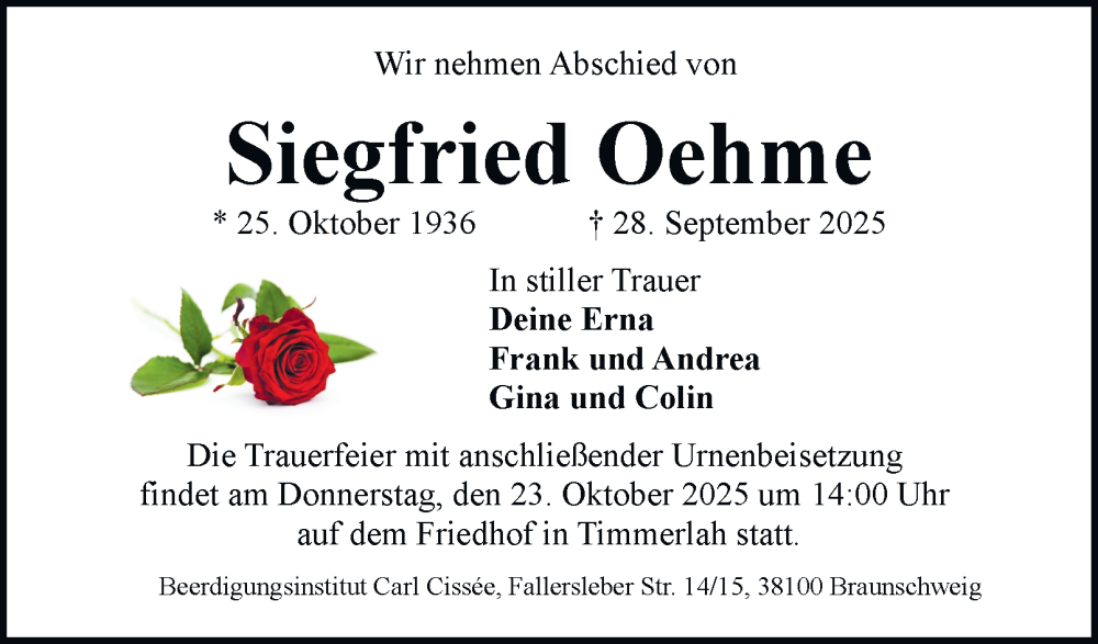  Traueranzeige für Siegfried Oehme vom 18.10.2025 aus Braunschweiger Zeitung