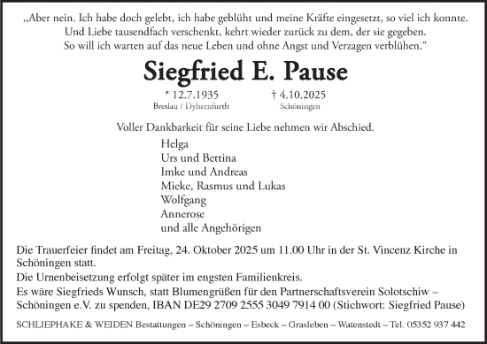 Traueranzeige von Siegfried E. Pause von Helmstedter Nachrichten