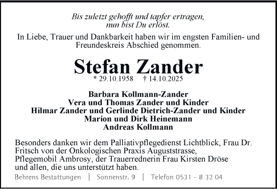 Traueranzeige von Stefan Zander von Braunschweiger Zeitung