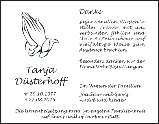 Traueranzeige von Tanja Düsterhoff von Braunschweiger Zeitung, Wolfsburger Nachrichten