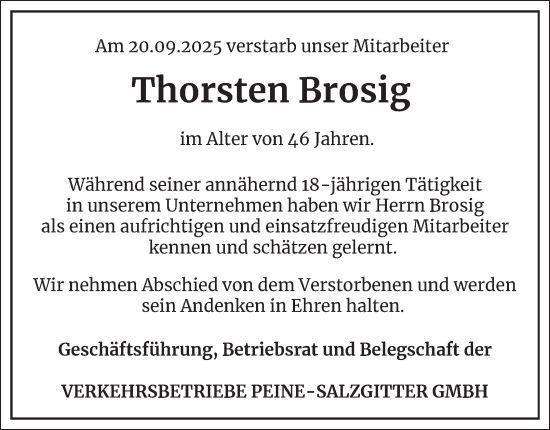 Traueranzeige von Thorsten Brosig von Salzgitter-Zeitung