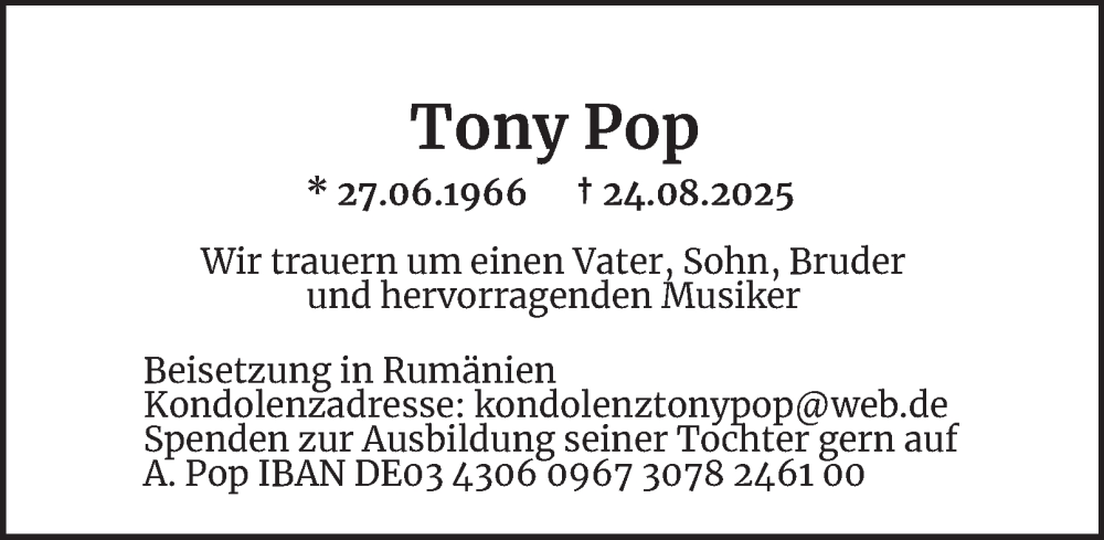  Traueranzeige für Tony Pop vom 04.10.2025 aus Neue Braunschweiger am Samstag