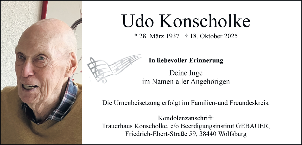  Traueranzeige für Udo Konscholke vom 25.10.2025 aus Braunschweiger Zeitung, Wolfsburger Nachrichten