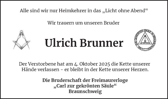 Traueranzeige von Ulrich Brunner von Braunschweiger Zeitung