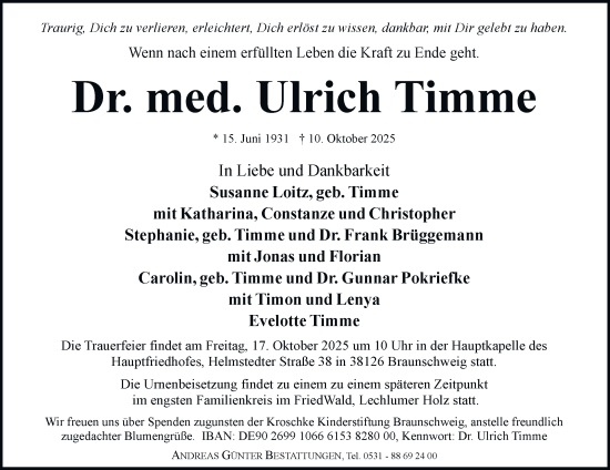 Traueranzeige von Ulrich Timme von Braunschweiger Zeitung
