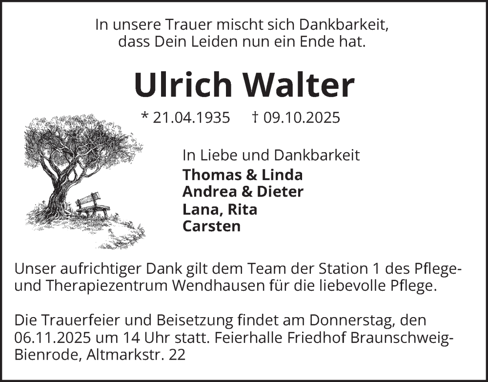 Traueranzeige für Ulrich Walter vom 18.10.2025 aus Braunschweiger Zeitung