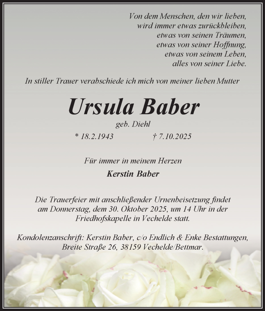  Traueranzeige für Ursula Baber vom 18.10.2025 aus Peiner Nachrichten