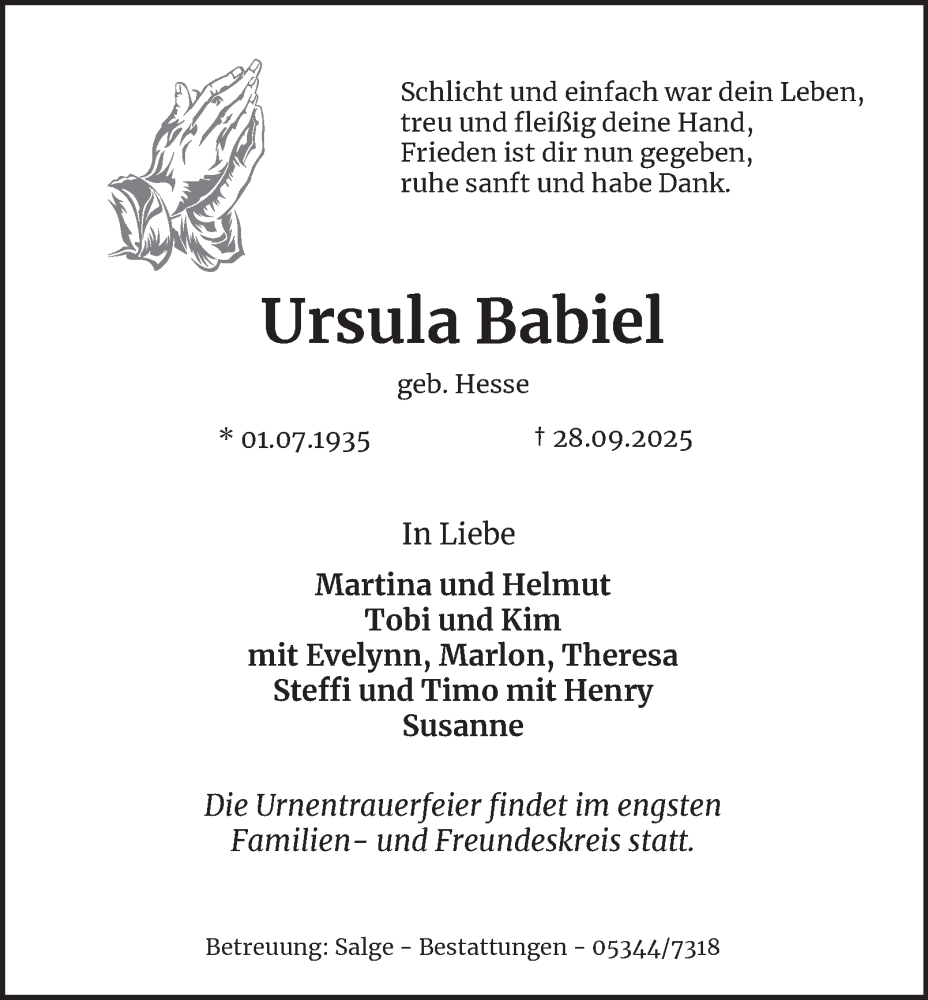  Traueranzeige für Ursula Babiel vom 04.10.2025 aus Peiner Nachrichten