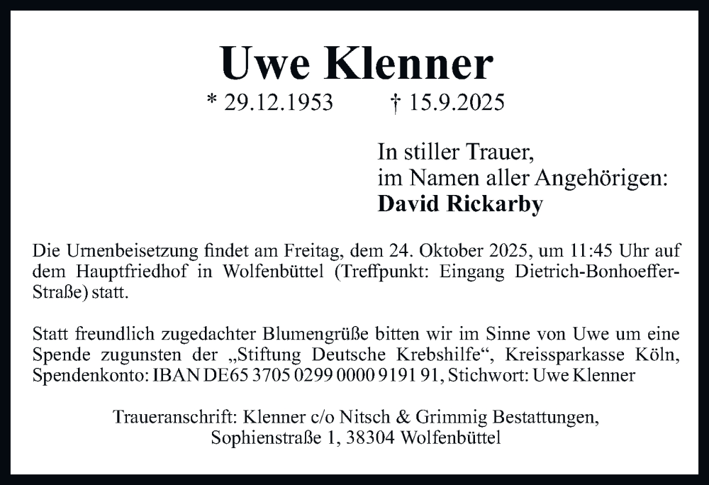  Traueranzeige für Uwe Klenner vom 18.10.2025 aus Wolfenbütteler Zeitung