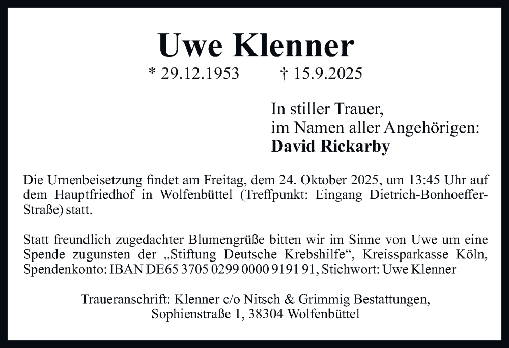  Traueranzeige für Uwe Klenner vom 18.10.2025 aus Wolfenbütteler Zeitung