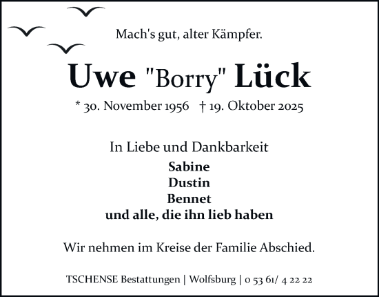 Traueranzeige von Uwe Lück von Braunschweiger Zeitung, Wolfsburger Nachrichten