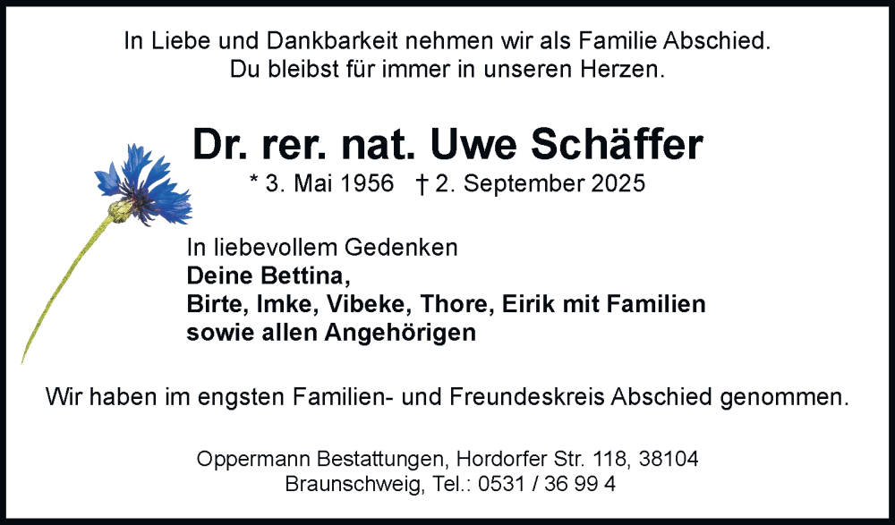  Traueranzeige für Uwe Schäffer vom 04.10.2025 aus Braunschweiger Zeitung