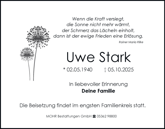 Traueranzeige von Uwe Stark von Braunschweiger Zeitung, Wolfsburger Nachrichten