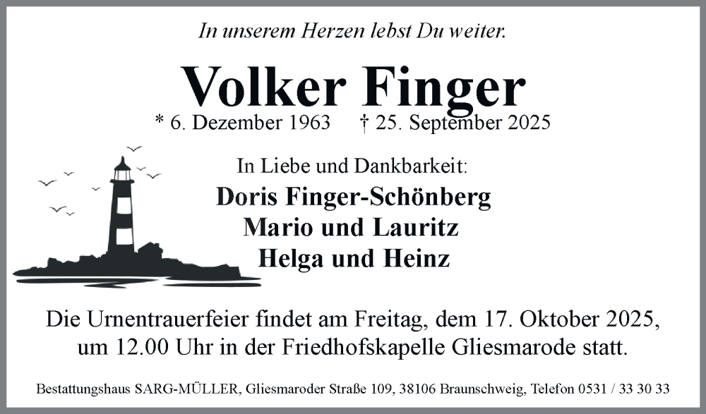  Traueranzeige für Volker Finger vom 11.10.2025 aus Braunschweiger Zeitung
