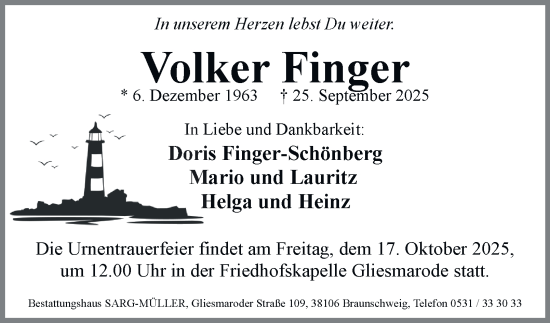 Traueranzeige von Volker Finger von Braunschweiger Zeitung