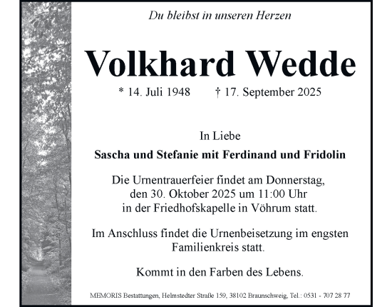 Traueranzeige von Volkhard Wedde von Braunschweiger Zeitung