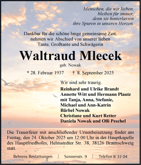 Traueranzeige von Waltraud Mlecek von Braunschweiger Zeitung