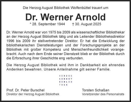 Traueranzeige von Werner Arnold von Wolfenbütteler Zeitung