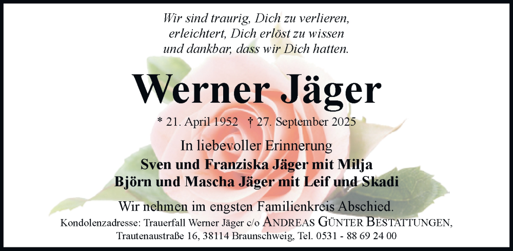  Traueranzeige für Werner Jäger vom 04.10.2025 aus Braunschweiger Zeitung