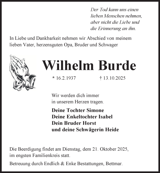 Traueranzeige von Wilhelm Burde von Peiner Nachrichten