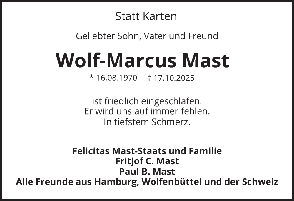  Traueranzeige für Wolf-Marcus Mast vom 22.10.2025 aus Braunschweiger Zeitung