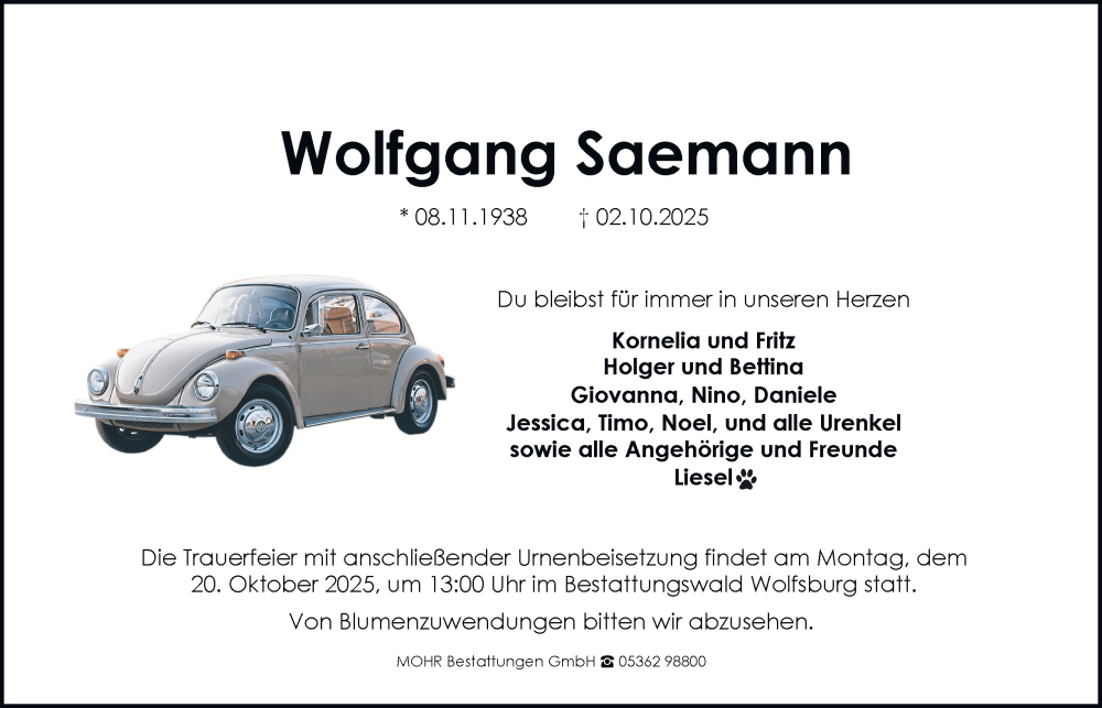  Traueranzeige für Wolfgang Saemann vom 11.10.2025 aus Braunschweiger Zeitung, Wolfsburger Nachrichten