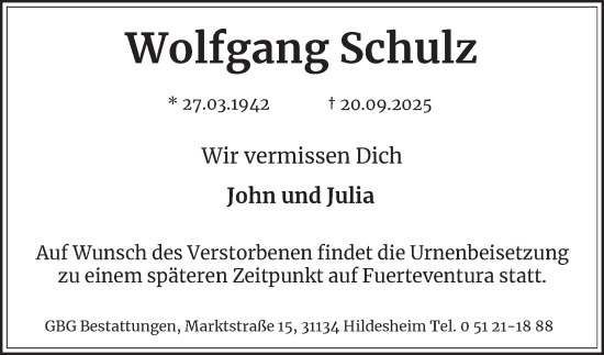 Traueranzeige von Wolfgang Schulz von Braunschweiger Zeitung, Wolfsburger Nachrichten