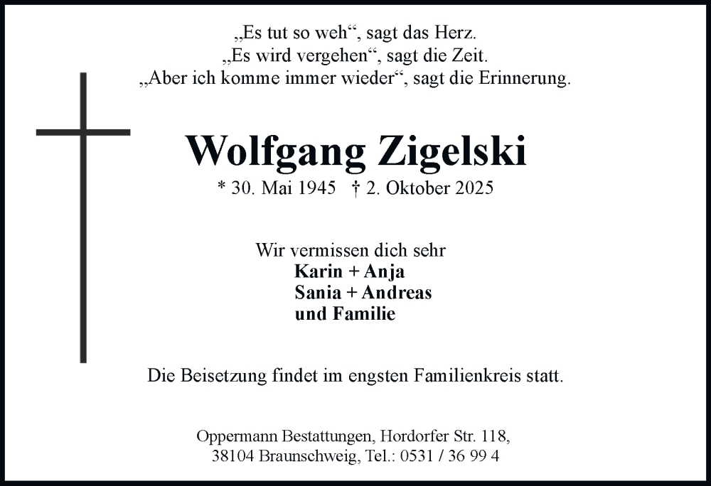  Traueranzeige für Wolfgang Zigelski vom 11.10.2025 aus Braunschweiger Zeitung