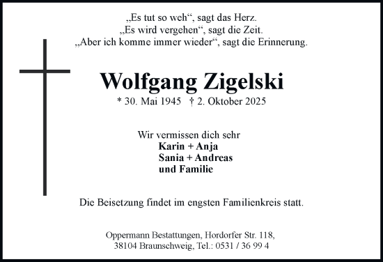 Traueranzeige von Wolfgang Zigelski von Braunschweiger Zeitung