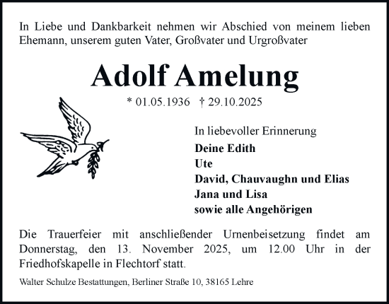 Traueranzeige von Adolf Amelung von Helmstedter Nachrichten
