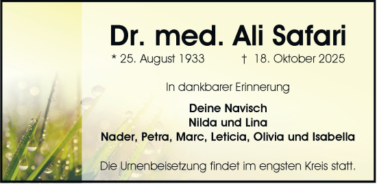 Traueranzeige von Ali Safari von Braunschweiger Zeitung