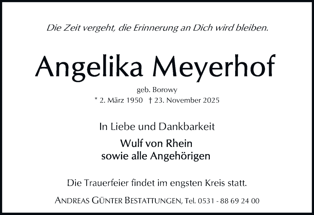  Traueranzeige für Angelika Meyerhof vom 29.11.2025 aus Braunschweiger Zeitung