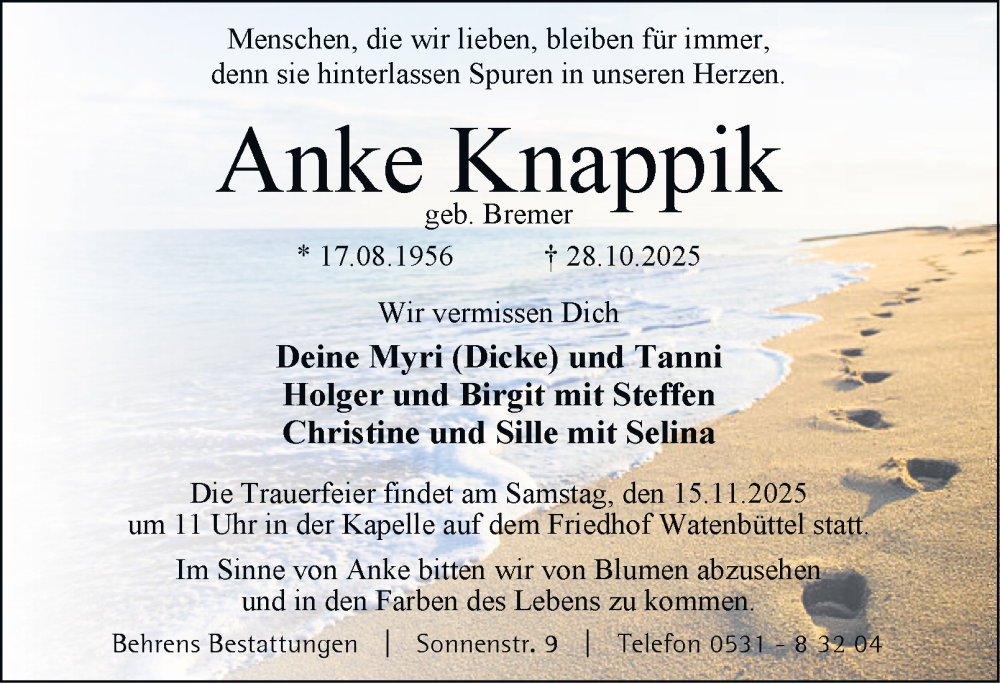  Traueranzeige für Anke Knappik vom 01.11.2025 aus Braunschweiger Zeitung