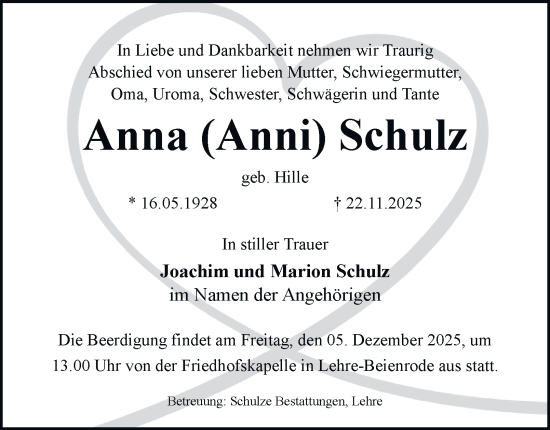 Traueranzeige von Anna Schulz von Helmstedter Nachrichten