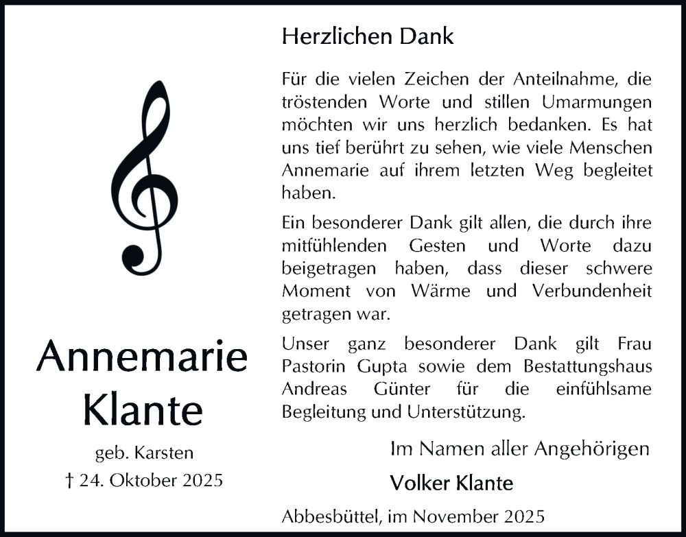  Traueranzeige für Annemarie Klante vom 22.11.2025 aus Braunschweiger Zeitung