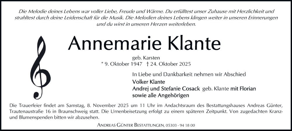  Traueranzeige für Annemarie Klante vom 01.11.2025 aus Braunschweiger Zeitung