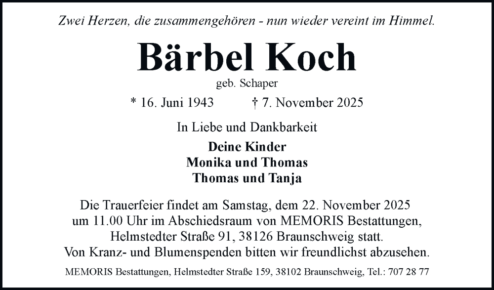  Traueranzeige für Bärbel Koch vom 15.11.2025 aus Braunschweiger Zeitung