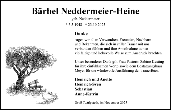 Traueranzeige von Bärbel Neddermeier-Heine von Helmstedter Nachrichten