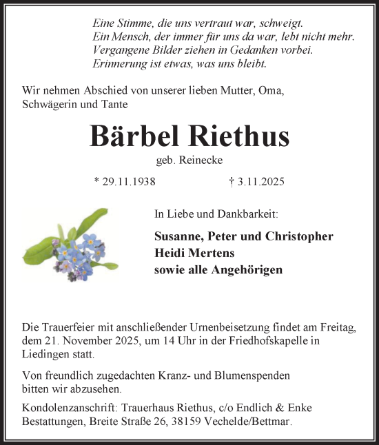 Traueranzeige von Bärbel Riethus von Braunschweiger Zeitung