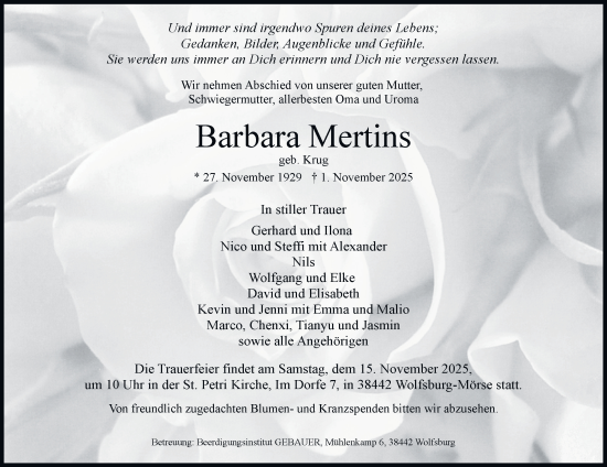 Traueranzeige von Barbara Mertins von Braunschweiger Zeitung, Wolfsburger Nachrichten
