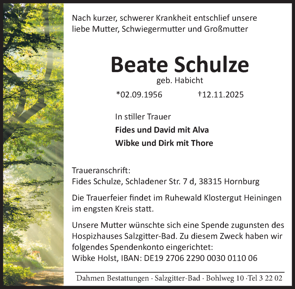  Traueranzeige für Beate Schulze vom 22.11.2025 aus Salzgitter-Zeitung, Wolfenbütteler Zeitung