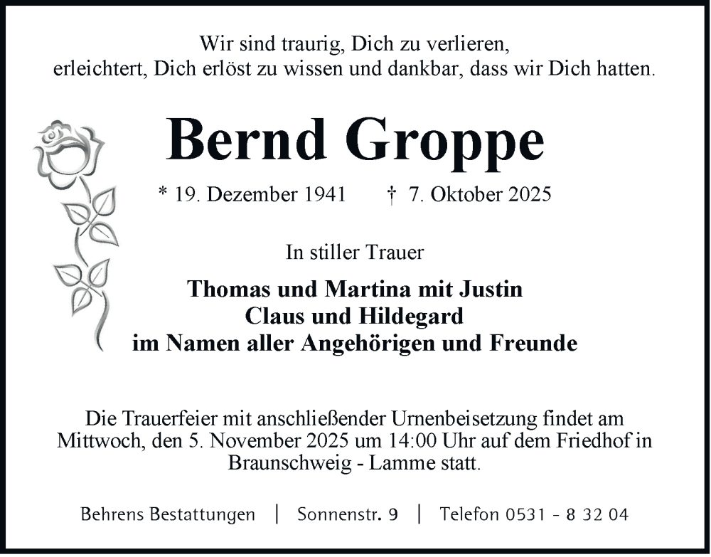  Traueranzeige für Bernd Groppe vom 01.11.2025 aus Braunschweiger Zeitung