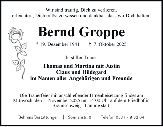 Traueranzeige von Bernd Groppe von Braunschweiger Zeitung