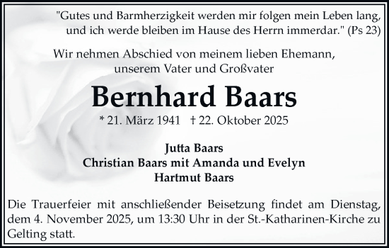 Traueranzeige von Bernhard Baars von Braunschweiger Zeitung